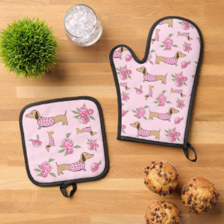 Ensemble De Gant De Cuisine Et De Manique Dachshund Amour & Coeurs