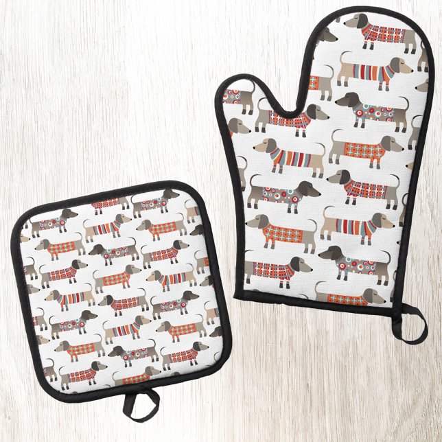 Ensemble De Gant De Cuisine Et De Manique Dachshund Wiener Saucisse Chien (Fun Dachshund Wiener Sausage Dog pattern kitchen oven glove or mitt and pot holder)