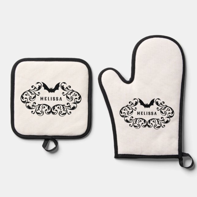 Ensemble De Gant De Cuisine Et De Manique Damask Glam Bat Personnalisé (Recto)