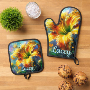 Ensemble De Gant De Cuisine Et De Manique Daylilies Daylilies Fleur Jaune Turquoise Personna