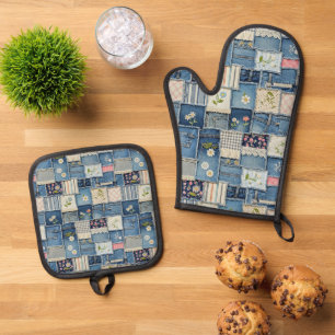 Ensemble De Gant De Cuisine Et De Manique Denim patchwork
