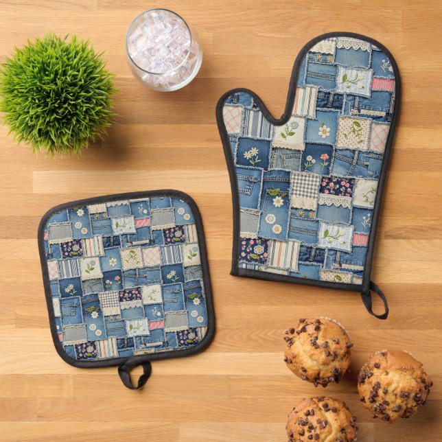 Ensemble De Gant De Cuisine Et De Manique Denim patchwork (De haut en bas)