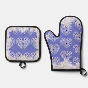 Ensemble De Gant De Cuisine Et De Manique Dentelle en céramique Bleu de Grèce & flocon de ne