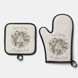 Ensemble De Gant De Cuisine Et De Manique Des lapins mignons dans une couronne d'hiver flora