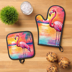 Ensemble De Gant De Cuisine Et De Manique Design d'art Flamant rose Sunset