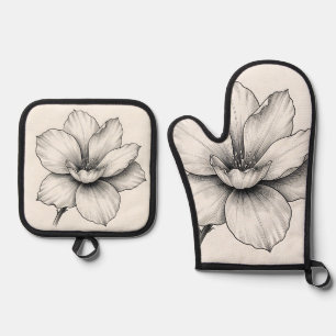 Ensemble De Gant De Cuisine Et De Manique Dessin à l'encre de fleur botanique vintage en lig