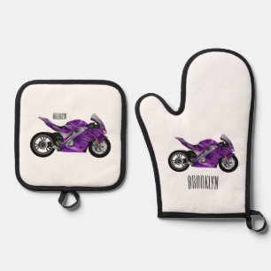 Ensemble De Gant De Cuisine Et De Manique Dessin de moto de sport violet