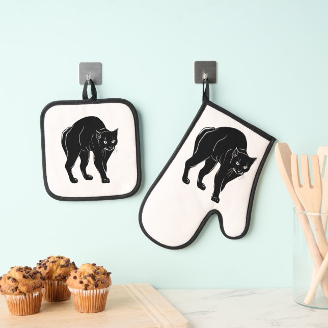 Ensemble De Gant De Cuisine Et De Manique Dessin en silhouette de chat noir à rallonge d'Hal (In situ (suspendu))