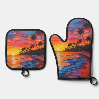 Ensemble De Gant De Cuisine Et De Manique Dessous de plat Coucher de soleil tropical