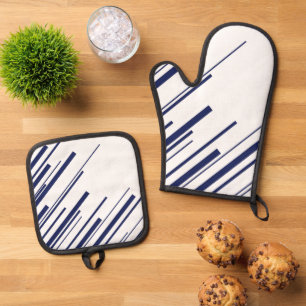 Ensemble De Gant De Cuisine Et De Manique Diagonales en bleu et blanc