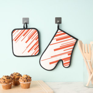 Ensemble De Gant De Cuisine Et De Manique Diagonales en orange et blanc
