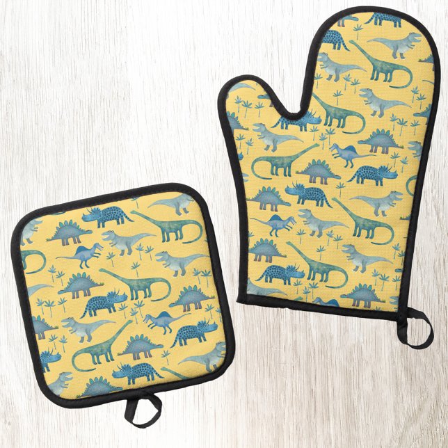 Ensemble De Gant De Cuisine Et De Manique Dinosaur amusant Motif Jaune (Yellow blue and green dinosaur pattern kitchen oven glove or mitt and pot holder)