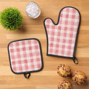 Ensemble De Gant De Cuisine Et De Manique Douce Fille Rose Blanc Carreaux Rayures Mariage Mo