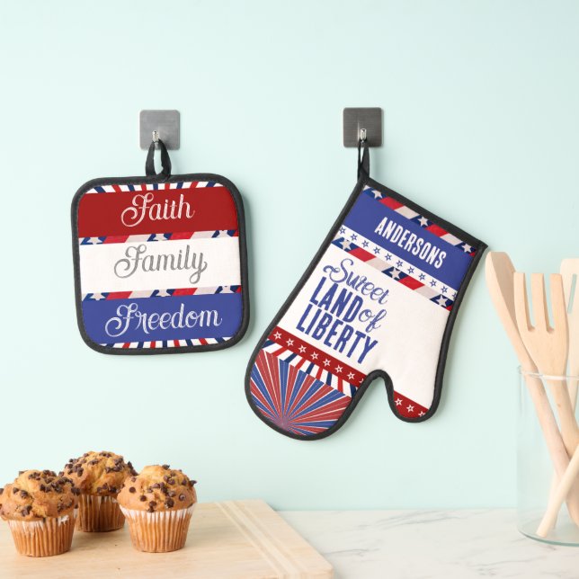 Ensemble De Gant De Cuisine Et De Manique Drapeau 4 juillet Amérique Terre de Liberté (In situ (suspendu))