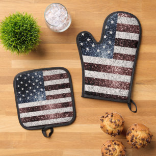 Ensemble De Gant De Cuisine Et De Manique Drapeau américain rustique faux scintillant patrio