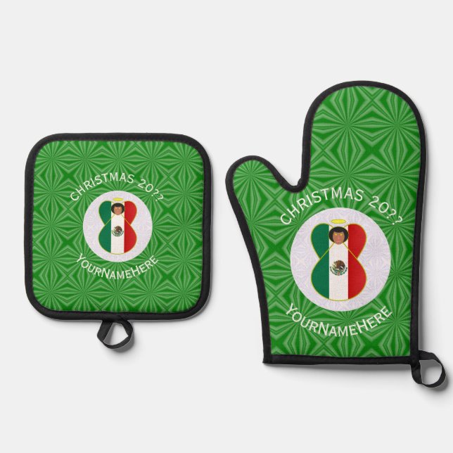 Ensemble De Gant De Cuisine Et De Manique Drapeau de Noël de l'ange mexicain personnalisé (Recto)