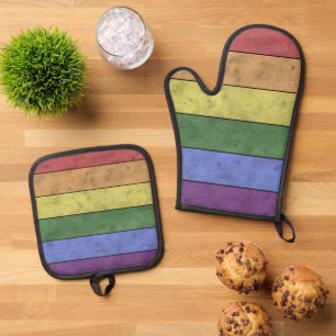 Ensemble De Gant De Cuisine Et De Manique Drapeau LGBT vintage fierté en noir arc-en-ciel