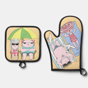 Ensemble De Gant De Cuisine Et De Manique Drôle Cartoon Seaside Couple Art