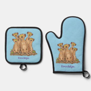 Ensemble De Gant De Cuisine Et De Manique Drôle dessin de la famille meerkat