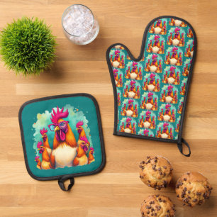 Ensemble De Gant De Cuisine Et De Manique Drôle Hipster Rooster Retro Pop Art Illustration