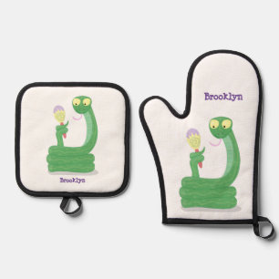 Ensemble De Gant De Cuisine Et De Manique Drôle serpent vert avec caricature maraca