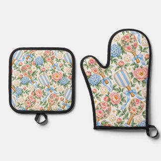 Ensemble De Gant De Cuisine Et De Manique Élégance Côtière Prépa Pickleball Bleu & Rose Pâle