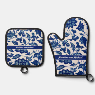 Ensemble De Gant De Cuisine Et De Manique Élégant Bleu Nom de Pays Français Chinoiserie