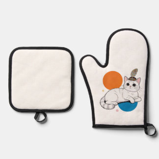 Ensemble De Gant De Cuisine Et De Manique Elegant Cat with Peacock Feather Headdress