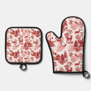 Ensemble De Gant De Cuisine Et De Manique Elégant Cerf de Toile Rouge Français dans le bois