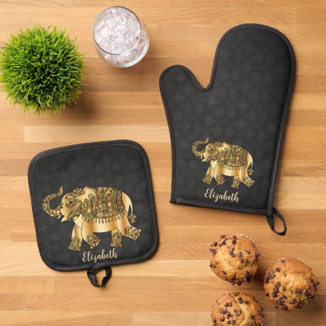 Ensemble De Gant De Cuisine Et De Manique Elégant Damask Gold Paisley Elephant (De haut en bas)