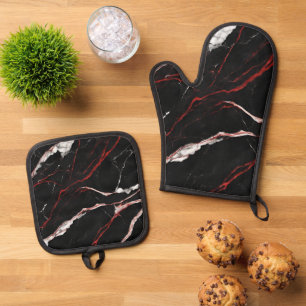 Ensemble De Gant De Cuisine Et De Manique Élégant marbre noir rouge foncé