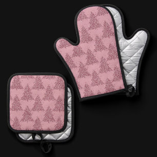 Ensemble De Gant De Cuisine Et De Manique Élégant Motif d'arbre Dusty Mauve Rose Noël