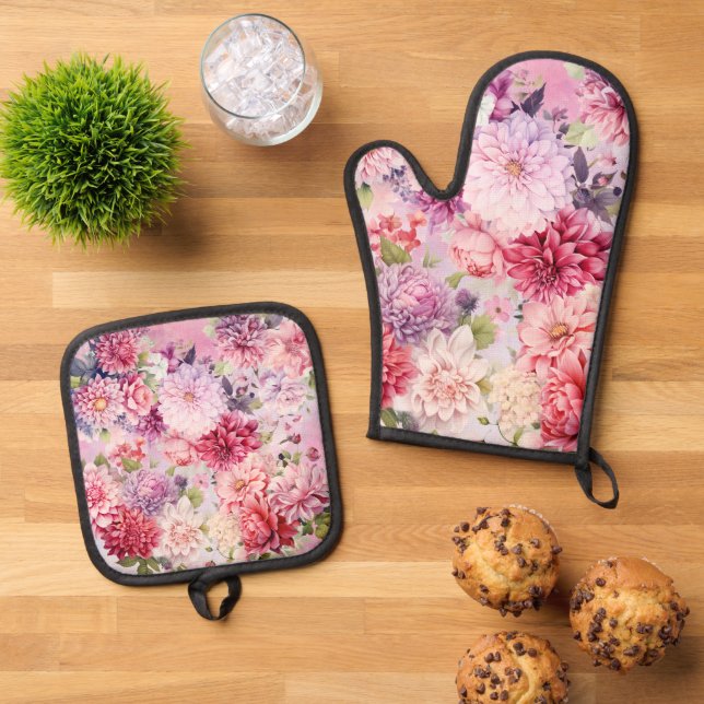 Ensemble De Gant De Cuisine Et De Manique Elégant Pastel Aquarelle Fleurs (De haut en bas)