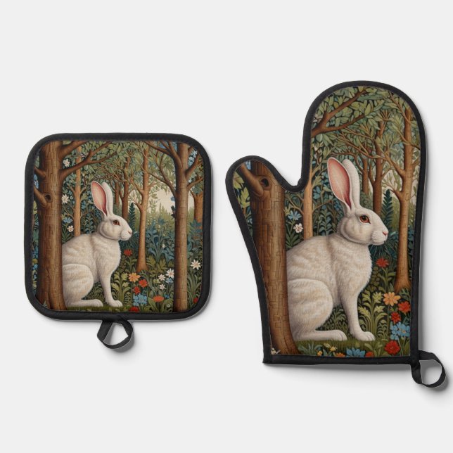 Ensemble De Gant De Cuisine Et De Manique Elégant retro boho blanc lapin boisé fleurs (Recto)