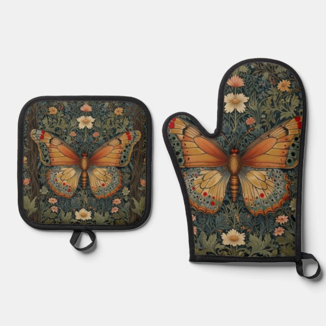 Ensemble De Gant De Cuisine Et De Manique Elegant retro boho butterfly botanical greenery (Recto)