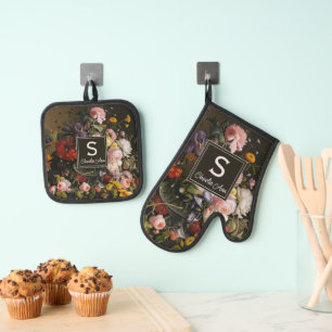 Ensemble De Gant De Cuisine Et De Manique Elégante Baroque Fleurs Encore Vie Peinture Art