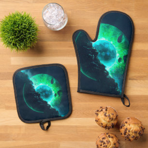 Ensemble De Gant De Cuisine Et De Manique Emerald Lunar Core Cracing Open DALL-E AI Art