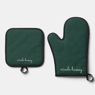 Ensemble De Gant De Cuisine Et De Manique Émeraude verte Moderne Monogramme élégant