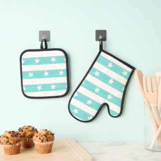 Ensemble De Gant De Cuisine Et De Manique Ensemble de maniques à rayures turquoise avec étoi