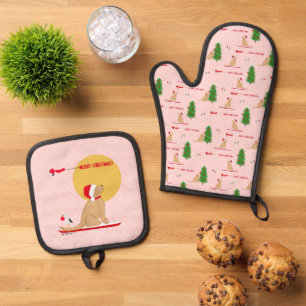 Ensemble De Gant De Cuisine Et De Manique Ensemble de maniques de Noël rose plage dorée