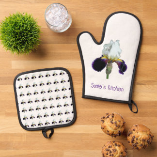 Ensemble De Gant De Cuisine Et De Manique Ensemble de protège-poêles à iris violet et blanc