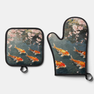 Ensemble De Gant De Cuisine Et De Manique Étang de carpes Fleur de cerisier Sérénité
