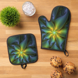 Ensemble De Gant De Cuisine Et De Manique Etoile Abstraite, Bleu brillant Vert Or Fractal Ar