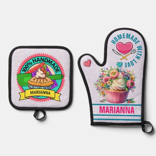 Ensemble De Gant De Cuisine Et De Manique Fait Maison Avec Amour (Recto)