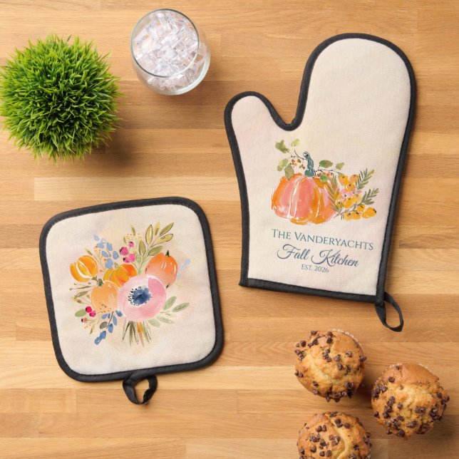 Ensemble De Gant De Cuisine Et De Manique Fall Pumpkin Floral – Watercolor Kitchen Linens (De haut en bas)