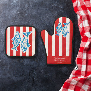 Ensemble De Gant De Cuisine Et De Manique Famille personnalisée Stripes de sardine rouge mar