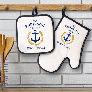 Ensemble De Gant De Cuisine Et De Manique Family Beach House Ancre Gold Laurel Star White