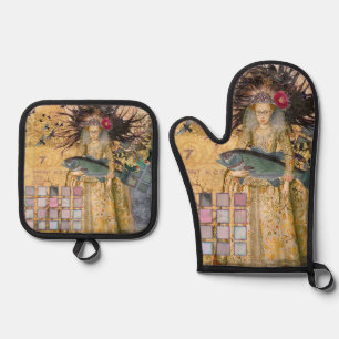 Ensemble De Gant De Cuisine Et De Manique Femme Poissons Vintage Classique Gothique