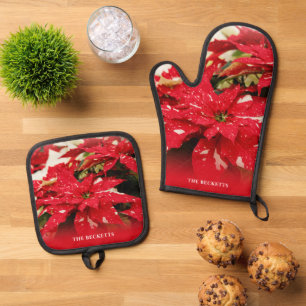 Ensemble De Gant De Cuisine Et De Manique Festif Rouge Blanc Floral Poinsettias Noël
