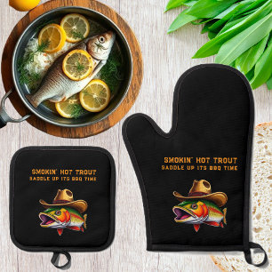 Ensemble De Gant De Cuisine Et De Manique Fête des pères Funny Fish portant un Casquette Cow